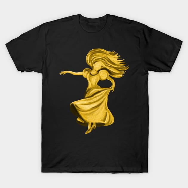 Gold Flamenco Dress Twirling Lady T-Shirt by Art by Deborah Camp